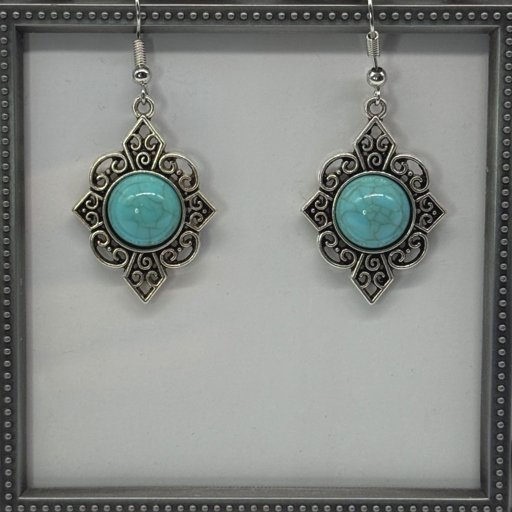 Dangle Hook Earrings Women Turquoise Silver Filigree Boho Western Retro New